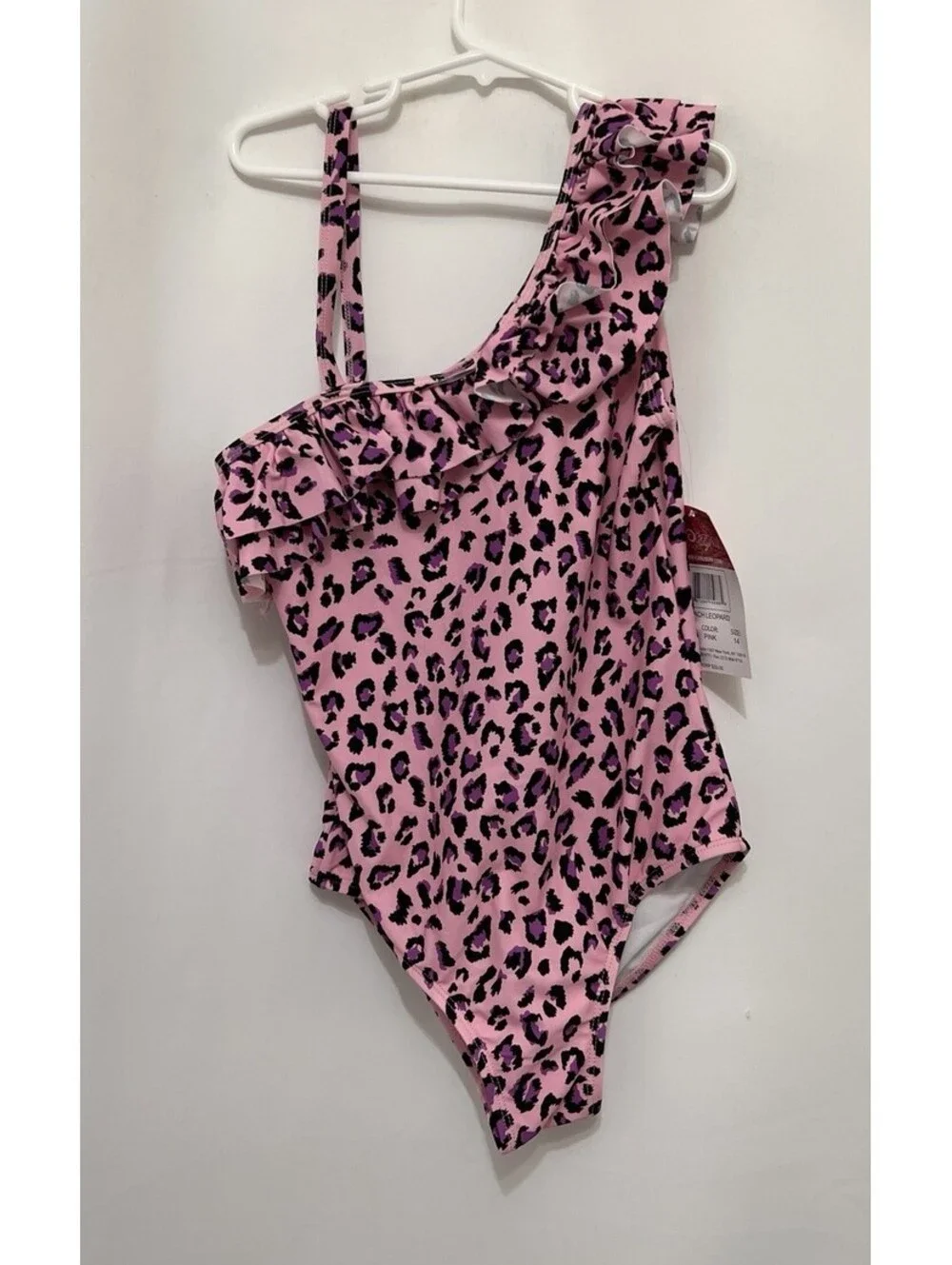 Girls Kanu Pink Leopard One Piece Swimsuit Ruffle Asymmetrical Size 14 NWT